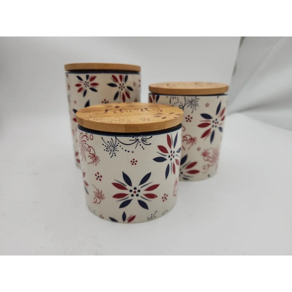 Temptations By Tara Set Of 3 Patriotic Cannisters W/Bamboo Lids